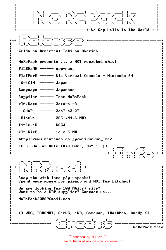 NFO for the release Zelda_no_Densetsu_-_Toki_no_Okarina_JPN_VC_N64_Wii-NRP by NRP