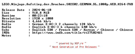 NFO for the release LEGO.Ninjago.Aufstieg.der.Drachen.S02E02.GERMAN.DL.1080p.WEB.H264-FWB by FWB