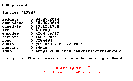 NFO for the release Turtles.1990.German.BDRip.x264.iNTERNAL-CWA by CWA
