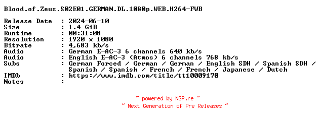 NFO for the release Blood.of.Zeus.S02E01.GERMAN.DL.1080p.WEB.H264-FWB by FWB