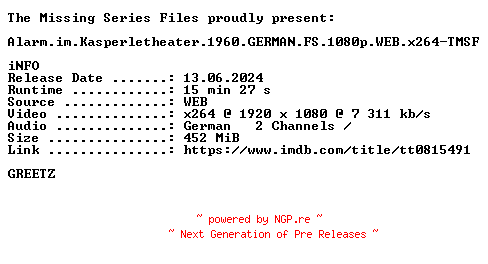 NFO for the release Alarm.im.Kasperletheater.1960.GERMAN.FS.1080p.WEB.x264-TMSF by TMSF