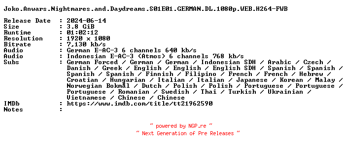 NFO for the release Joko.Anwars.Nightmares.and.Daydreams.S01E01.GERMAN.DL.1080p.WEB.H264-FWB by FWB