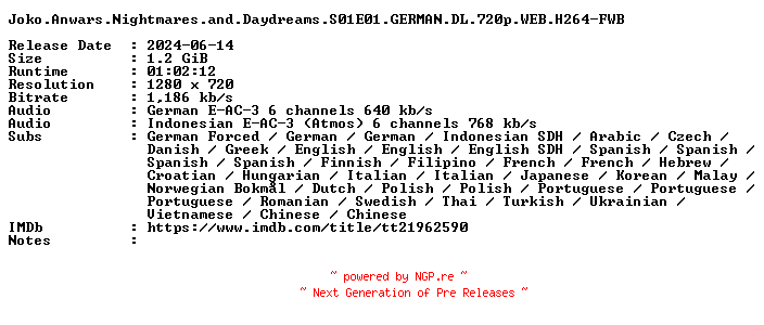 NFO for the release Joko.Anwars.Nightmares.and.Daydreams.S01E01.GERMAN.DL.720p.WEB.H264-FWB by FWB