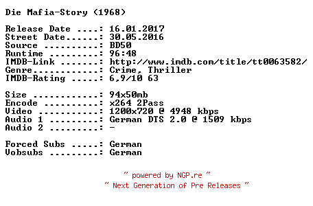 NFO for the release Die.Mafia.Story.1968.German.720p.BluRay.x264-SPiCY by SPiCY