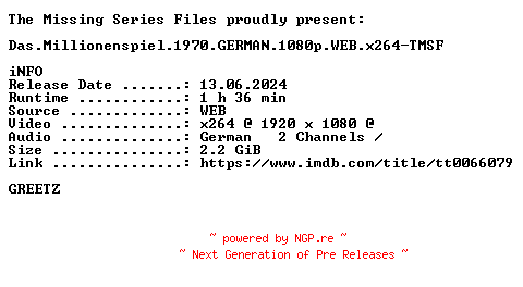NFO for the release Das.Millionenspiel.1970.GERMAN.1080p.WEB.x264-TMSF by TMSF