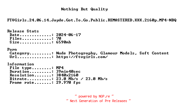 NFO for the release FTVGirls.24.06.14.Jayde.Got.To.Go.Public.REMASTERED.XXX.2160p.MP4-NBQ by NBQ