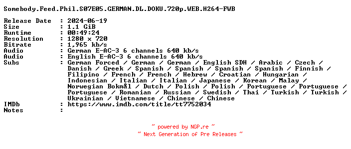 NFO for the release Somebody.Feed.Phil.S07E05.GERMAN.DL.DOKU.720p.WEB.H264-FWB by FWB