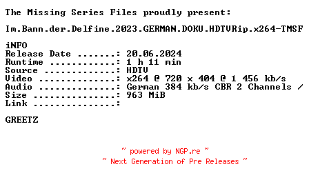 NFO for the release Im.Bann.der.Delfine.2023.GERMAN.DOKU.HDTVRip.x264-TMSF by TMSF