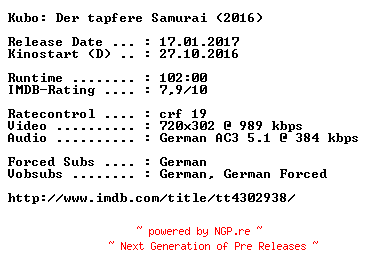 NFO for the release Kubo.Der.tapfere.Samurai.German.2016.AC3.BDRip.x264-COiNCiDENCE by COiNCiDENCE