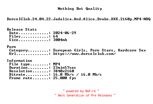 NFO for the release DorcelClub.24.04.22.Jadalica.And.Alice.Drake.XXX.2160p.MP4-NBQ by NBQ
