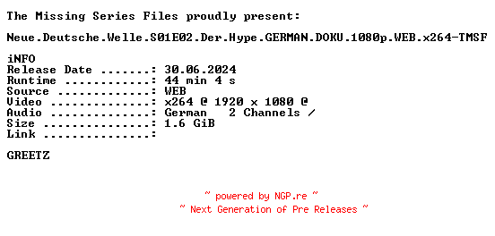 NFO for the release Neue.Deutsche.Welle.S01E02.Der.Hype.GERMAN.DOKU.1080p.WEB.x264-TMSF by TMSF