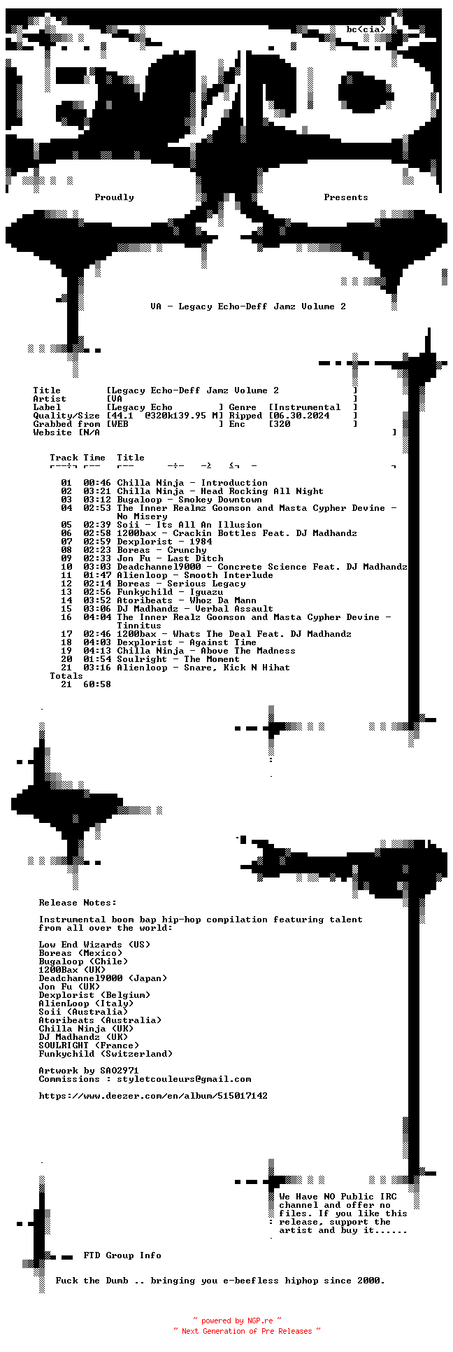 NFO for the release VA-Legacy_Echo-Deff_Jamz_Volume_2-WEB-2023-FTD by FTD