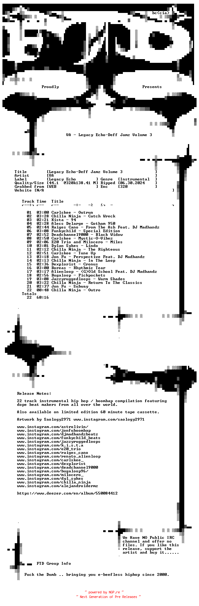 NFO for the release VA-Legacy_Echo-Deff_Jamz_Volume_3-WEB-2024-FTD by FTD