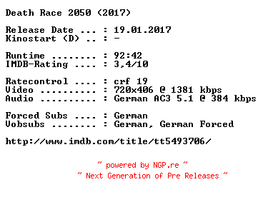 NFO for the release Death.Race.2050.German.2017.AC3.BDRip.x264-COiNCiDENCE by COiNCiDENCE