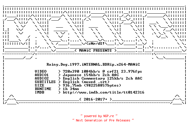 NFO for the release Rainy.Dog.1997.iNTERNAL.BDRip.x264-MANiC by MANiC