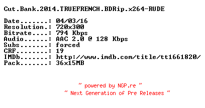 NFO for the release Cut.Bank.2014.TRUEFRENCH.BDRip.x264-RUDE by RUDE