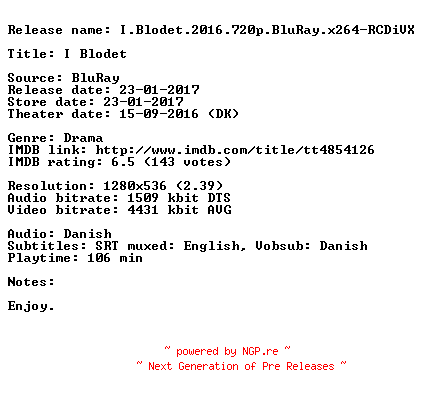 NFO for the release I.Blodet.2016.720p.BluRay.x264-RCDiVX by RCDiVX