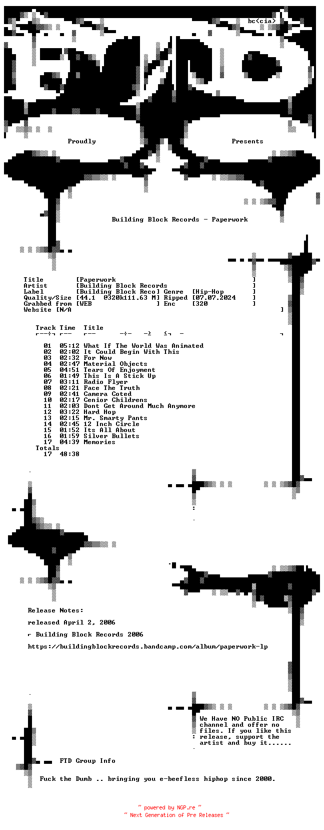NFO for the release Building_Block_Records-Paperwork-WEB-2006-FTD by FTD
