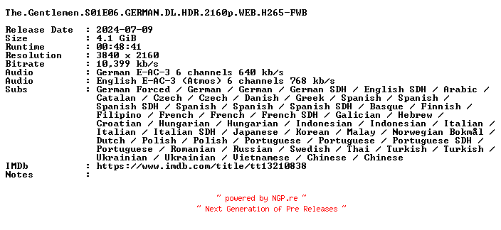 NFO for the release The.Gentlemen.S01E06.GERMAN.DL.HDR.2160p.WEB.H265-FWB by FWB