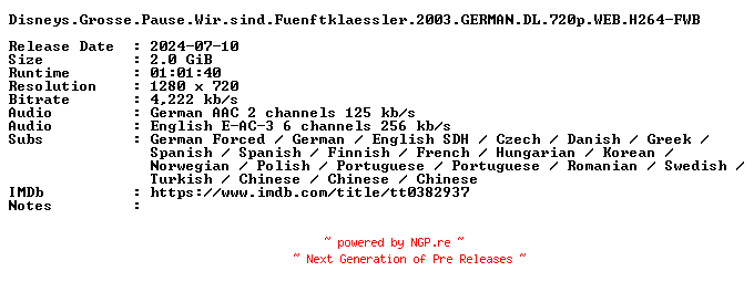 NFO for the release Disneys.Grosse.Pause.Wir.sind.Fuenftklaessler.2003.GERMAN.DL.720p.WEB.H264-FWB by FWB