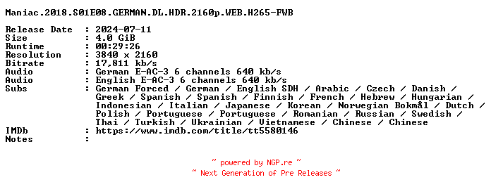 NFO for the release Maniac.2018.S01E08.GERMAN.DL.HDR.2160p.WEB.H265-FWB by FWB