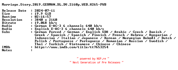 NFO for the release Marriage.Story.2019.GERMAN.DL.DV.2160p.WEB.H265-FWB by FWB