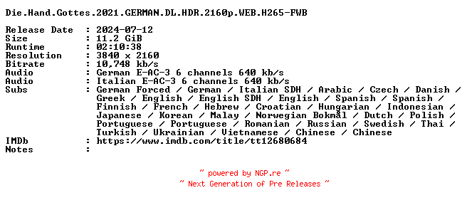 NFO for the release Die.Hand.Gottes.2021.GERMAN.DL.HDR.2160p.WEB.H265-FWB by FWB