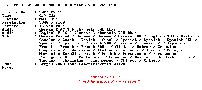 NFO for the release Beef.2023.S01E08.GERMAN.DL.HDR.2160p.WEB.H265-FWB by FWB