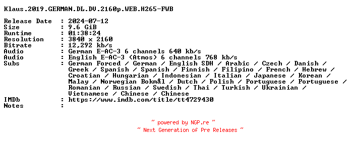 NFO for the release Klaus.2019.GERMAN.DL.DV.2160p.WEB.H265-FWB by FWB