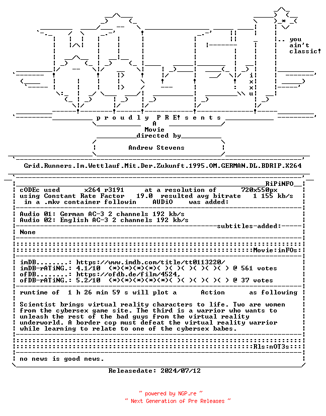 NFO for the release Grid.Runners.Im.Wettlauf.Mit.Der.Zukunft.1995.OM.GERMAN.DL.BDRIP.X264-WATCHABLE by WATCHABLE