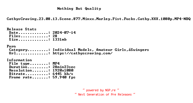 NFO for the release CathysCraving.23.08.13.Scene.877.Minxx.Marley.Fist.Fucks.Cathy.XXX.1080p.MP4-NBQ by NBQ