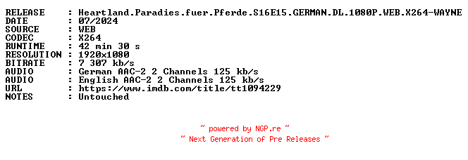 NFO for the release Heartland.Paradies.fuer.Pferde.S16E15.GERMAN.DL.1080P.WEB.X264-WAYNE by WAYNE
