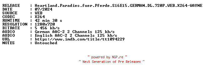 NFO for the release Heartland.Paradies.fuer.Pferde.S16E15.GERMAN.DL.720P.WEB.X264-WAYNE by WAYNE