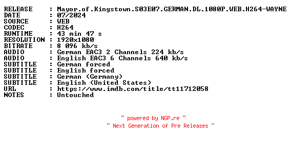 NFO for the release Mayor.of.Kingstown.S03E07.GERMAN.DL.1080P.WEB.H264-WAYNE by WAYNE