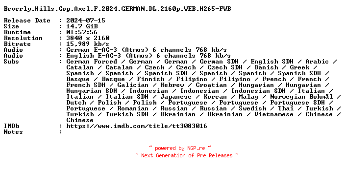 NFO for the release Beverly.Hills.Cop.Axel.F.2024.GERMAN.DL.2160p.WEB.H265-FWB by FWB