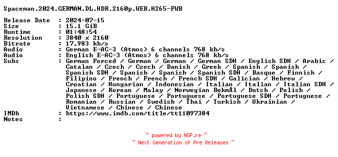 NFO for the release Spaceman.2024.GERMAN.DL.HDR.2160p.WEB.H265-FWB by FWB