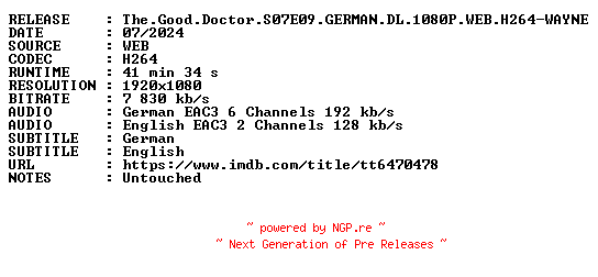 NFO for the release The.Good.Doctor.S07E09.GERMAN.DL.1080P.WEB.H264-WAYNE by WAYNE