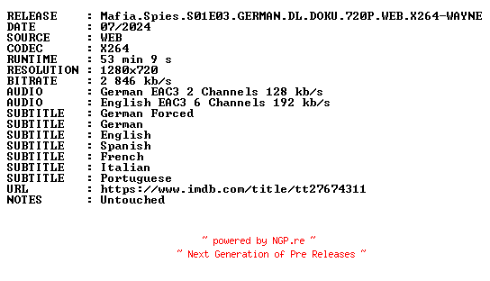 NFO for the release Mafia.Spies.S01E03.GERMAN.DL.DOKU.720P.WEB.X264-WAYNE by WAYNE