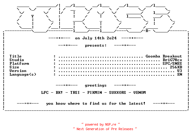 NFO for the release Goomba_Breakout_SNES-MiRAGE by MiRAGE