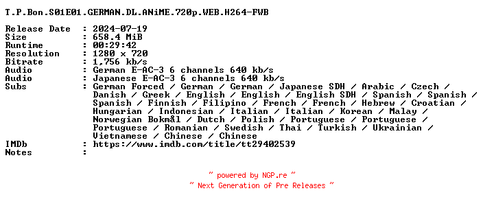 NFO for the release T.P.Bon.S01E01.GERMAN.DL.ANiME.720p.WEB.H264-FWB by FWB