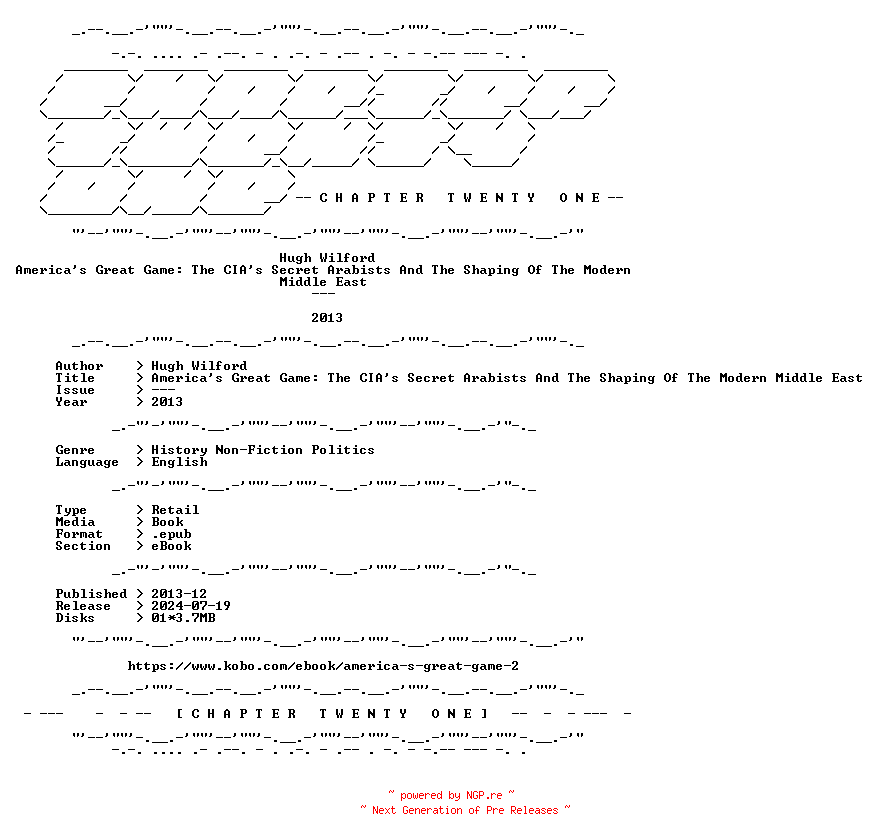 NFO for the release Hugh.Wilford.-.Americas.Great.Game.The.CIAs.Secret.Arabists.And.The.Shaping.Of.The.Modern.Middle.East.2013.RETAIL.EPUB.eBook-CTO by CTO