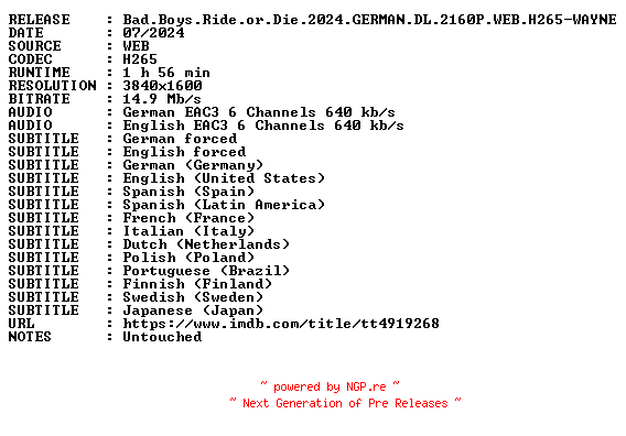 NFO for the release Bad.Boys.Ride.or.Die.2024.GERMAN.DL.2160P.WEB.H265-WAYNE by WAYNE