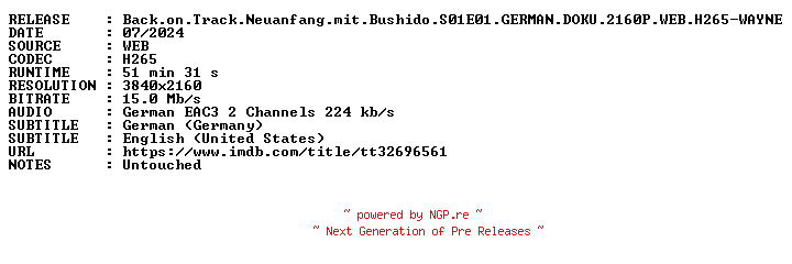 NFO for the release Back.on.Track.Neuanfang.mit.Bushido.S01E01.GERMAN.DOKU.2160P.WEB.H265-WAYNE by WAYNE