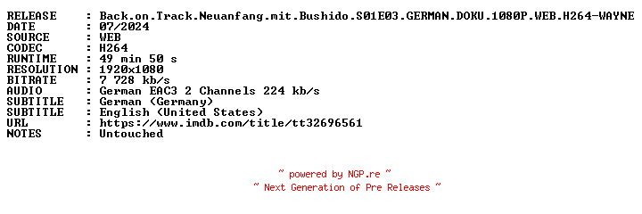 NFO for the release Back.on.Track.Neuanfang.mit.Bushido.S01E03.GERMAN.DOKU.1080P.WEB.H264-WAYNE by WAYNE