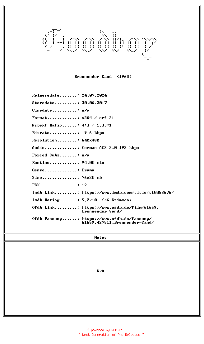 NFO for the release Brennender.Sand.GERMAN.1960.AC3.DVDRiP.x264-Goodboy by Goodboy