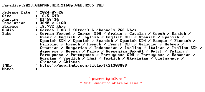 NFO for the release Paradise.2023.GERMAN.HDR.2160p.WEB.H265-FWB by FWB