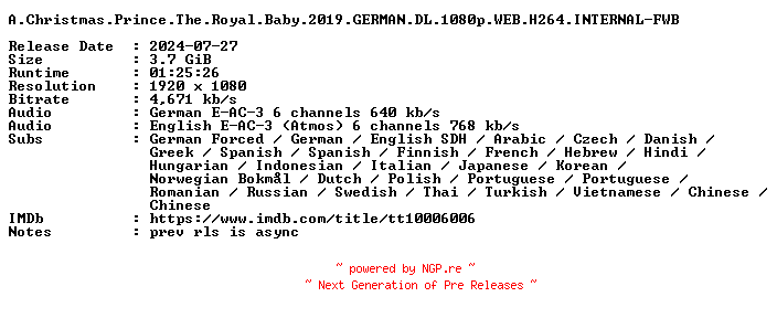 NFO for the release A.Christmas.Prince.The.Royal.Baby.2019.GERMAN.DL.1080p.WEB.H264.INTERNAL-FWB by FWB