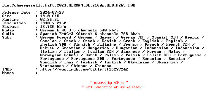 NFO for the release Die.Schneegesellschaft.2023.GERMAN.DL.2160p.WEB.H265-FWB by FWB
