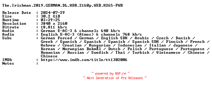 NFO for the release The.Irishman.2019.GERMAN.DL.HDR.2160p.WEB.H265-FWB by FWB