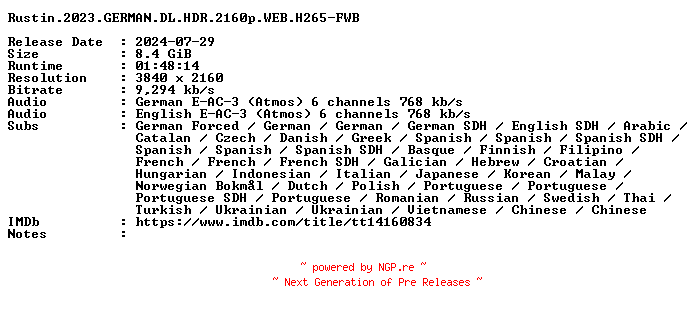 NFO for the release Rustin.2023.GERMAN.DL.HDR.2160p.WEB.H265-FWB by FWB